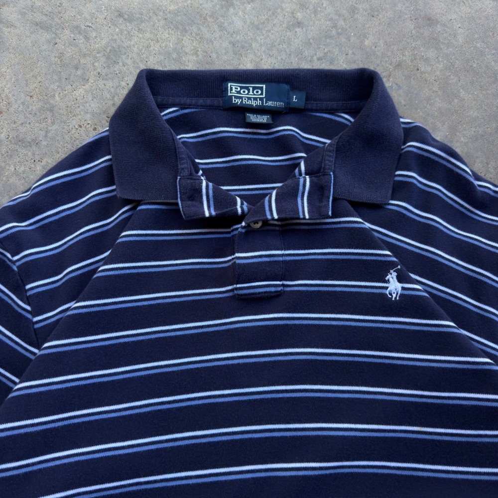 Vintage 90s Polo Ralph Lauren Striped Polo Shirt Workwear Navy Blue Large g2a
